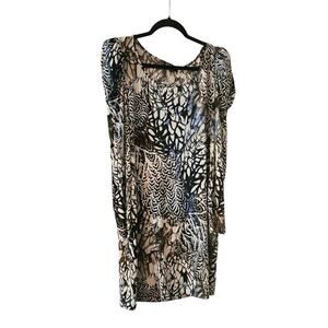 ABS Allen Schwartz Collection LG Dress Feather Print Stretch Long Puff Sleeves